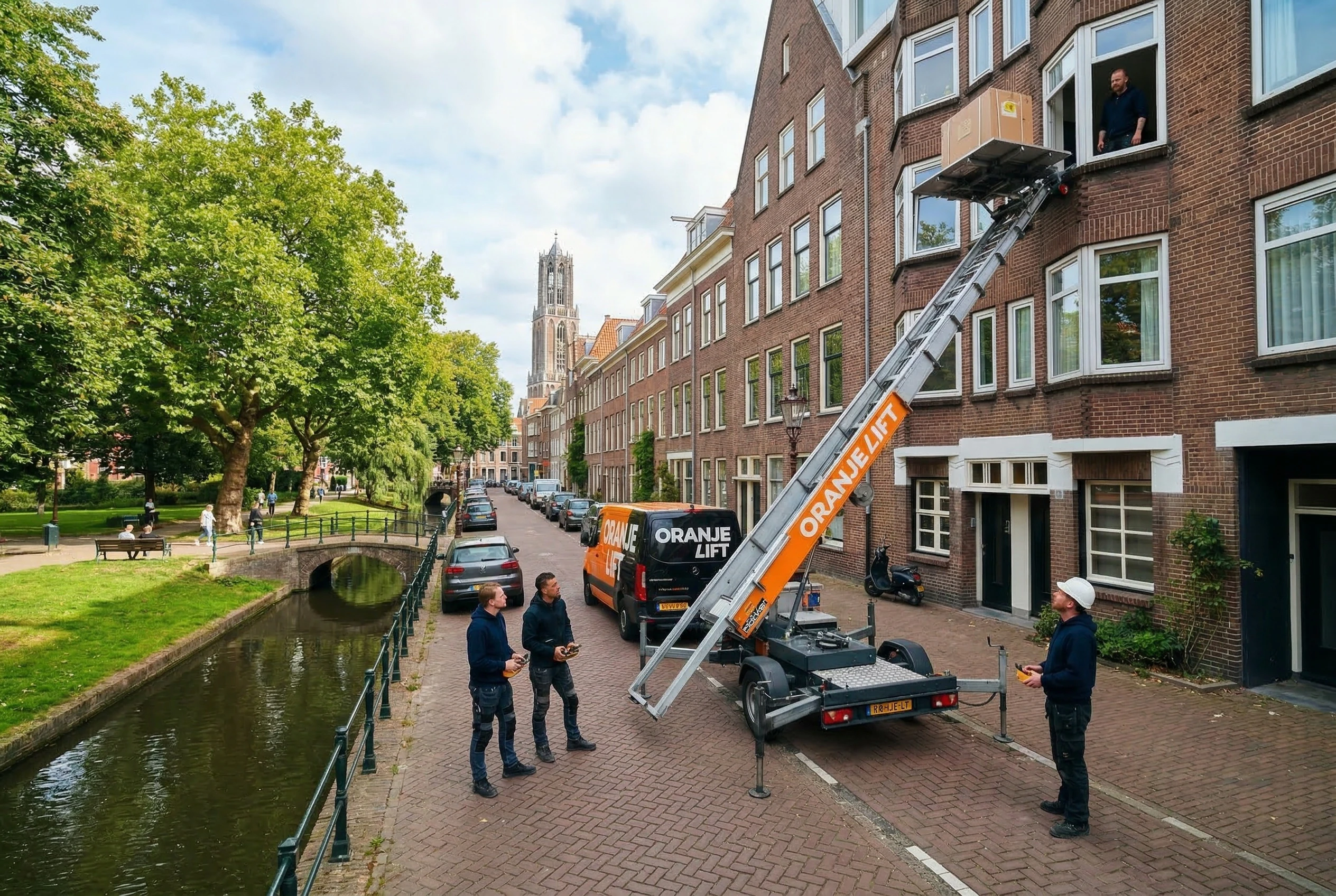 Team aan het werk met verhuislift Leiden