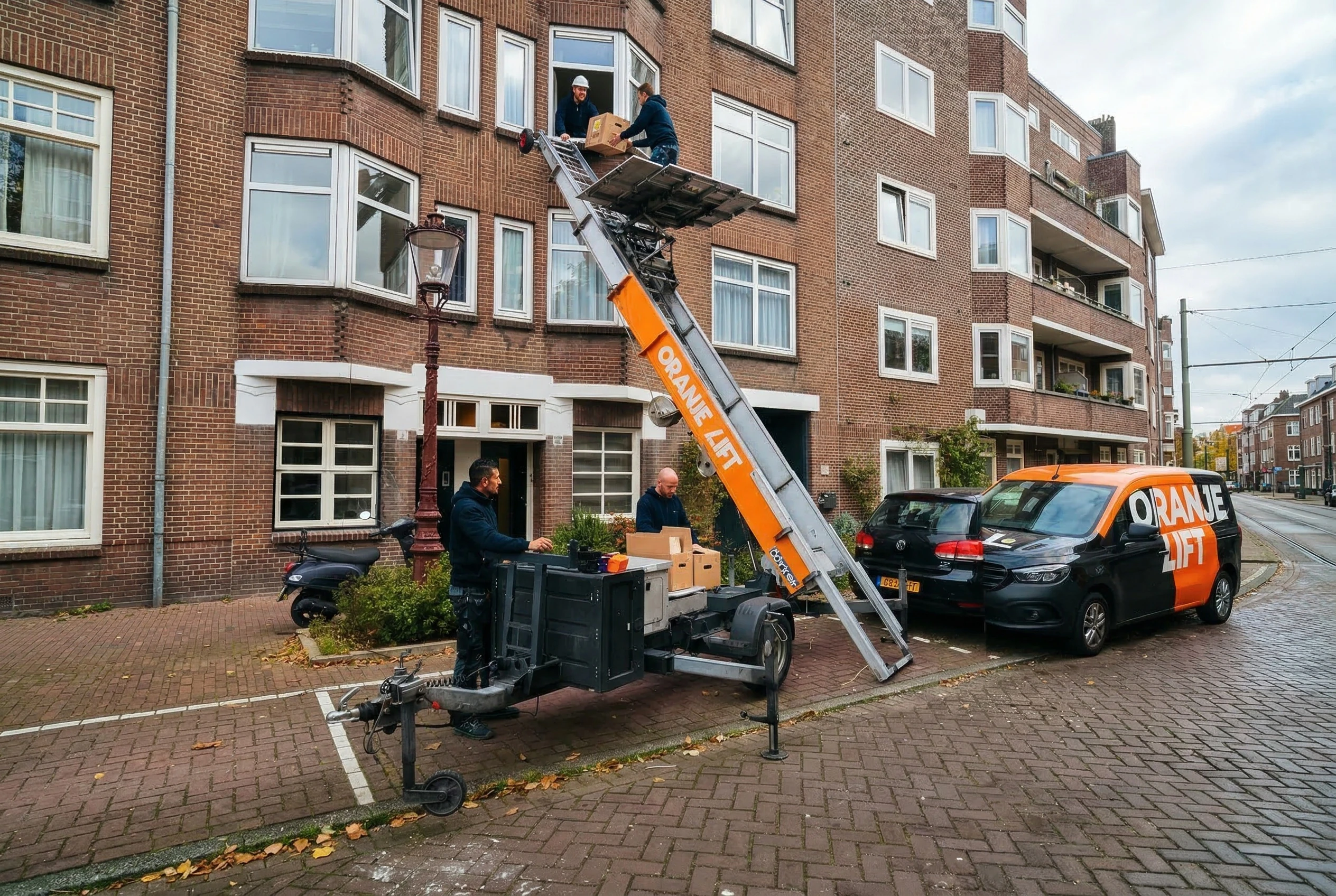 Verhuislift in actie bij woning in Leiden