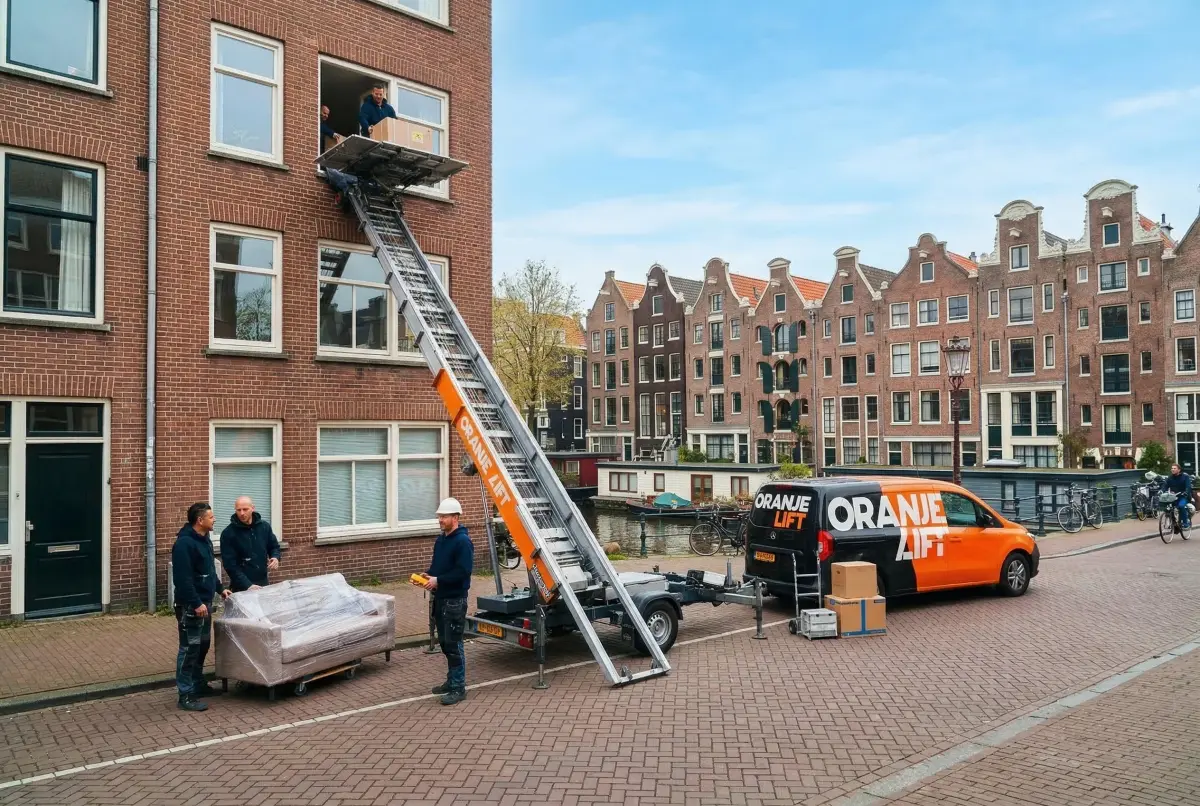 Ladderlift in gebruik bij flat in Duinoord Den Haag
