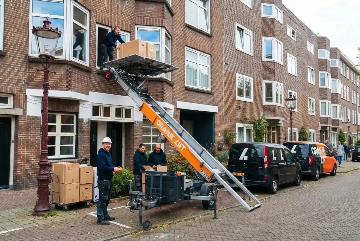 Operator bedient verhuislift bij appartement in Den Haag