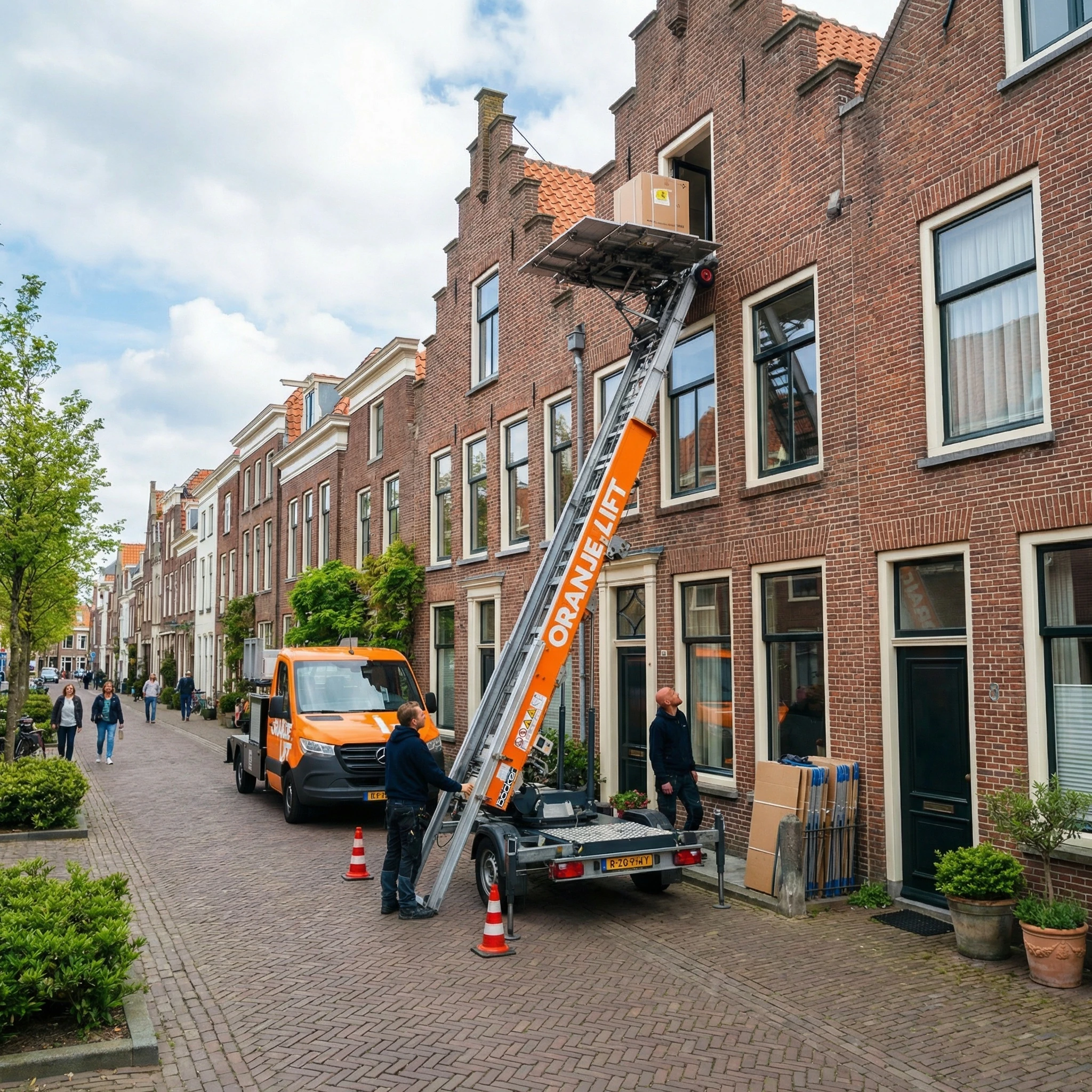 Aanhangerlift in gebruik bij woning in Leiden