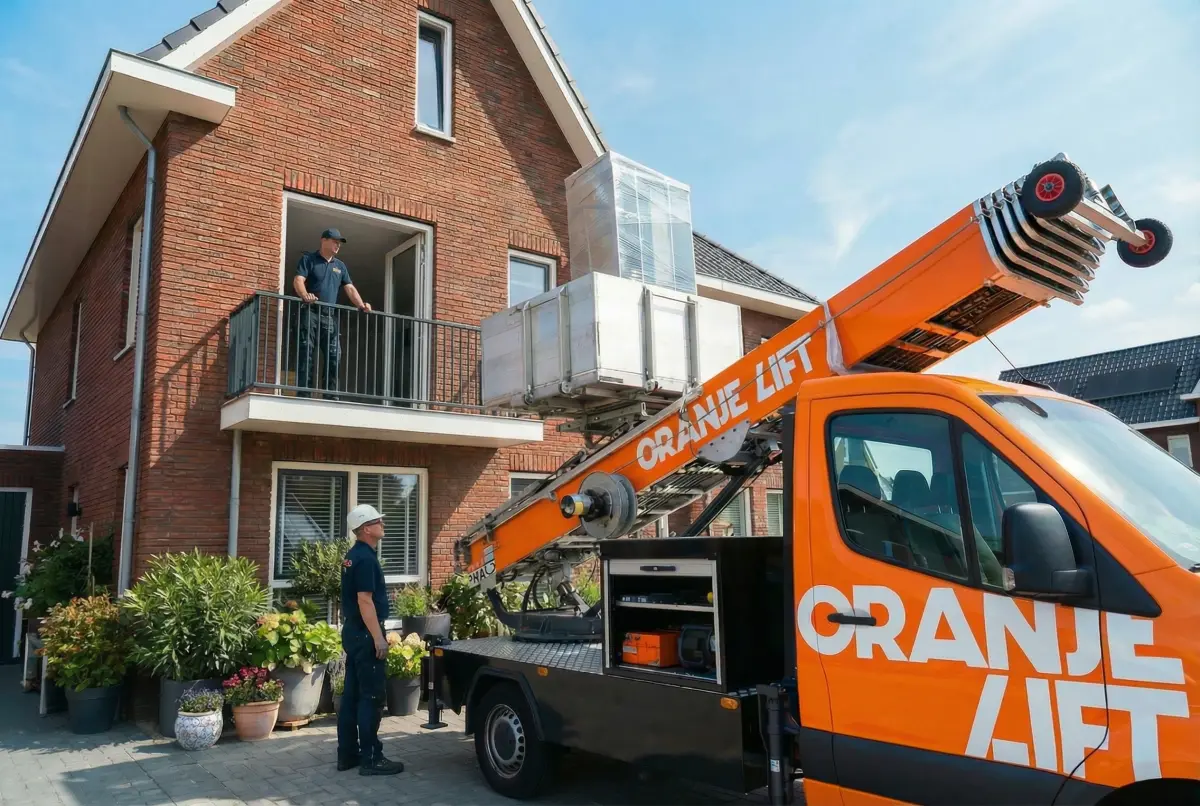 Close-up van verhuislift bij hijsen van meubels